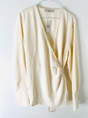 LOFT NWT Ivory Cream Wrap Blouse Plunge V Neck Tie Back Bow Long Sleeve Top